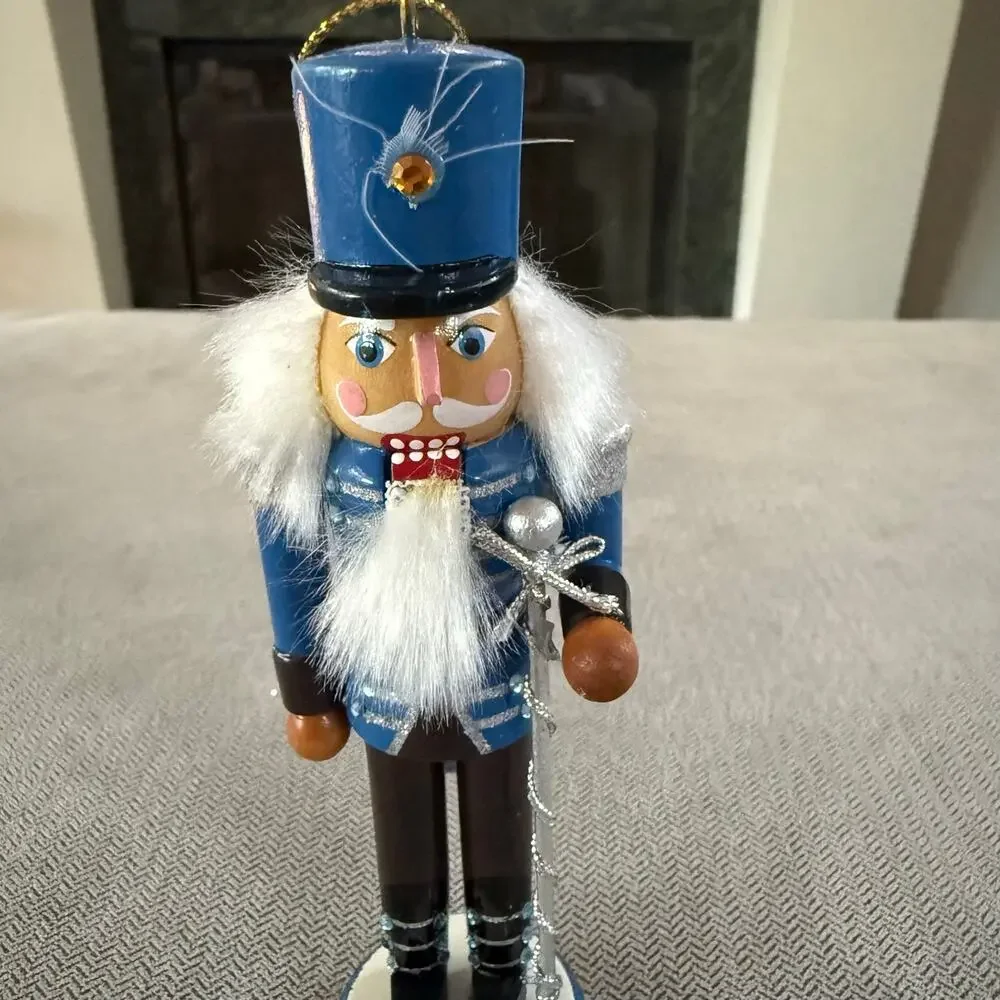 Blue Wooden Nutcracker Christmas Ornament Soldier Sword White Hair Holiday Decor